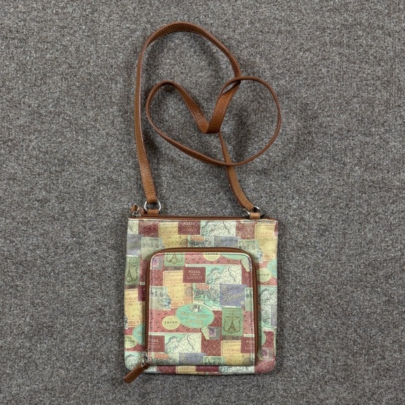 Fossil Handbags - Vintage Fossil London Travel Stamps Leather Crossbody Bag Wallet Front Pocket